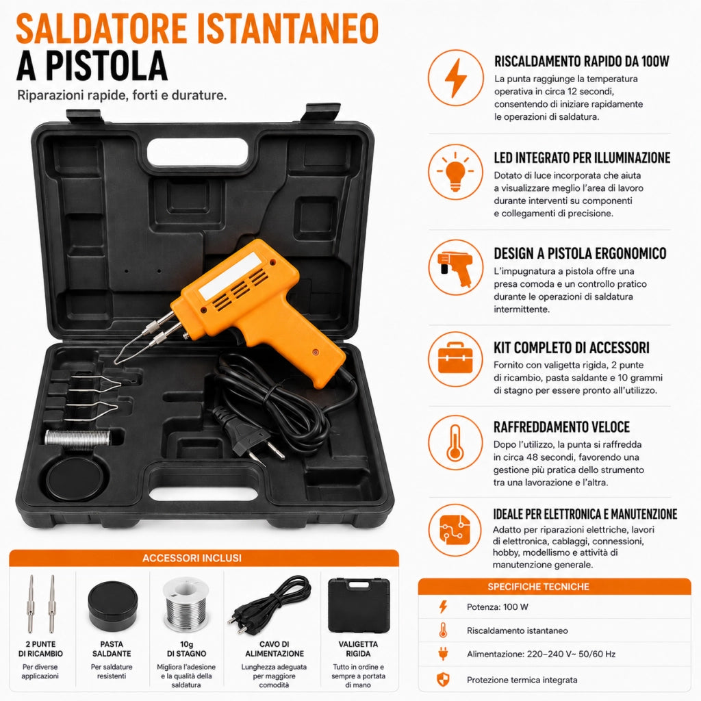 Saldatore Istantaneo a Pistola 100W con LED e Accessori P701301
