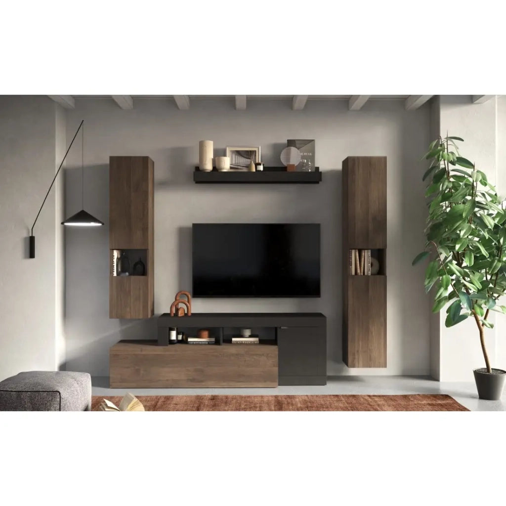 Set di mobili da soggiorno collezione FREDO con cassetto e 3 porte. Colori nero e rovere scuro.