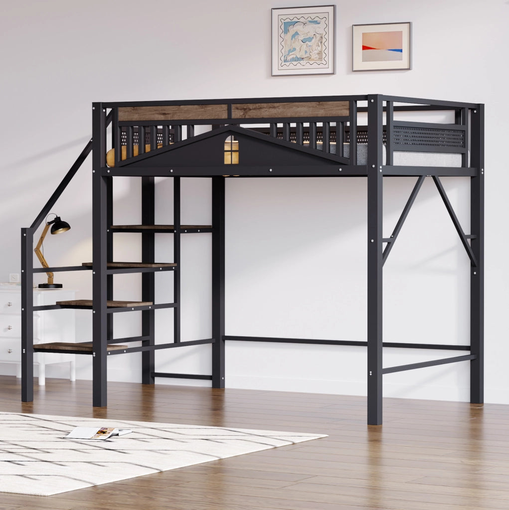 Letto a soppalco in metallo 140x200 cm con scala laterale e spazio contenitivo; nero