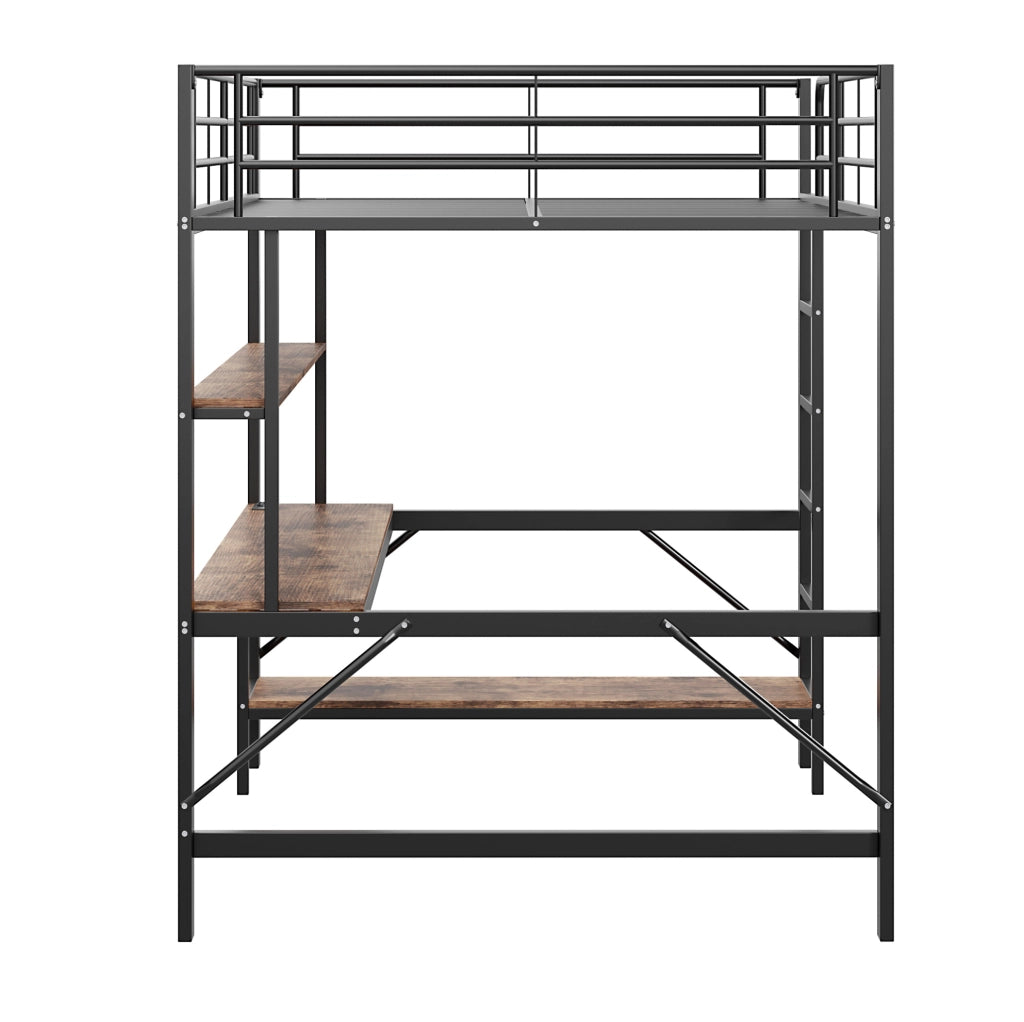 Letto a soppalco 140x200 cm; con scrivania e mensola; metallo; nero (Senza materasso)