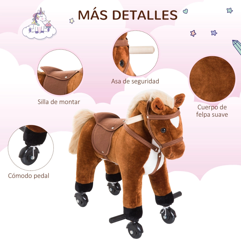 Cavallo a dondolo con ruote - Xylo - Legno, suoni, pedali, 55x23x60 cm, marrone