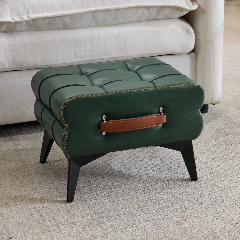 Pouf multifunzione per cambio scarpe con maniglia, piedini antiscivolo e gambe in acciaio in pelle PU verde