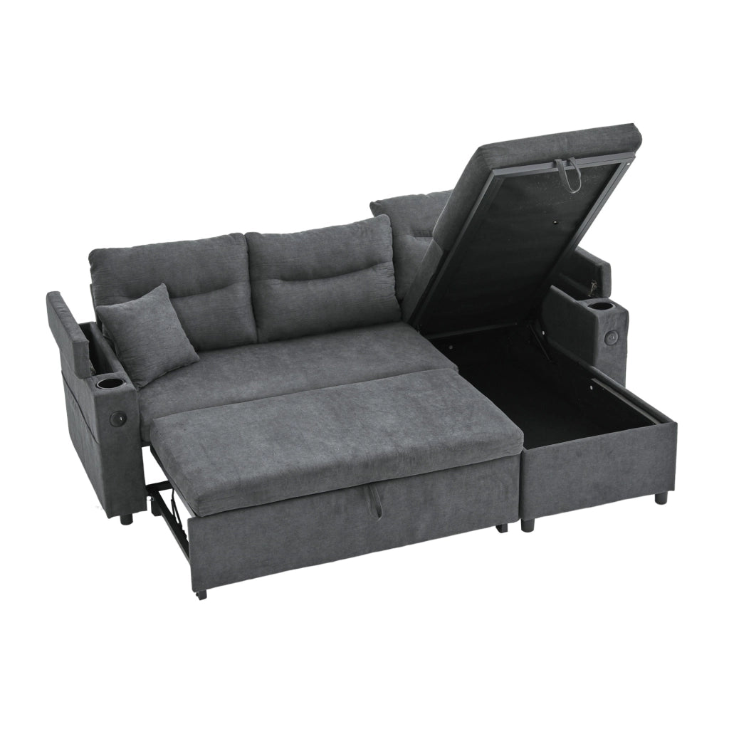 Divano letto 212.5x136x86 cm con chaise longue idraulica e letto estraibile in lino grigio scuro