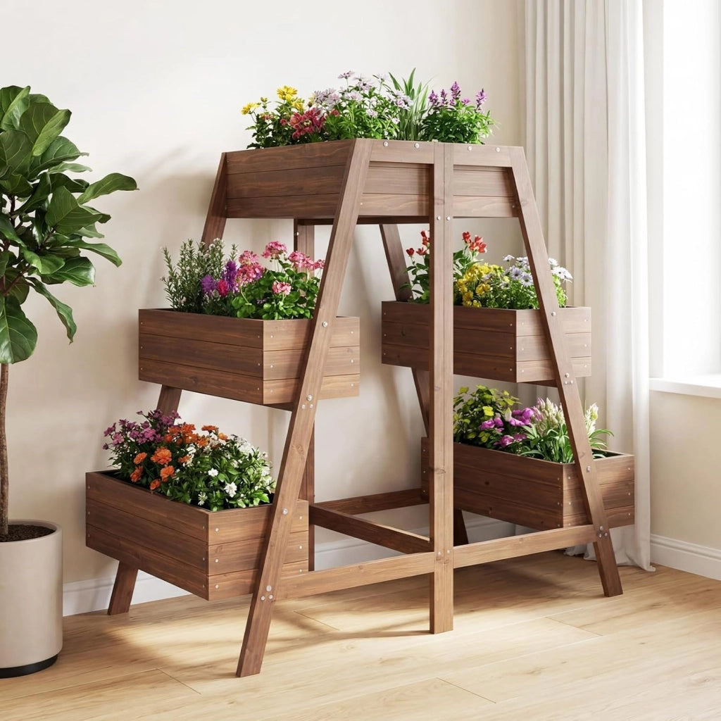 Orto Rialzato a 3 Livelli, Fioriere Rialzate in Legno Massello con Base Doghe e Tessuto, Aiuola Verticale per Piante da Interno ed Esterno per Giardino, Patio e Balcone, 126 x 90 x 115 cm