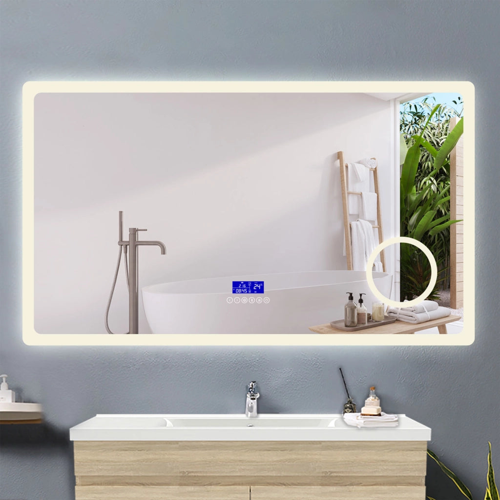 AICA IT Specchio Bagno Rettangolare Da LED 140×80cm, Antiappannamento, Bluetooth, 3 Temperature Colore,Ingrandimento 3x