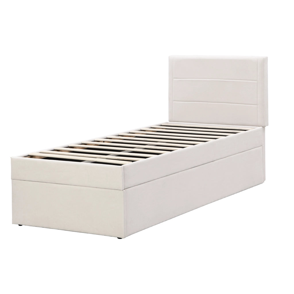 Letto singolo 90x200 cm con rete a doghe, contenitore sottoletto, beige, senza materasso