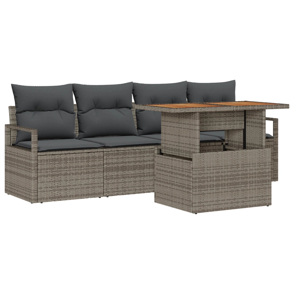 Set Divano Giardino  5 pezzi con Cuscini Grigio Polyrattan Acacia