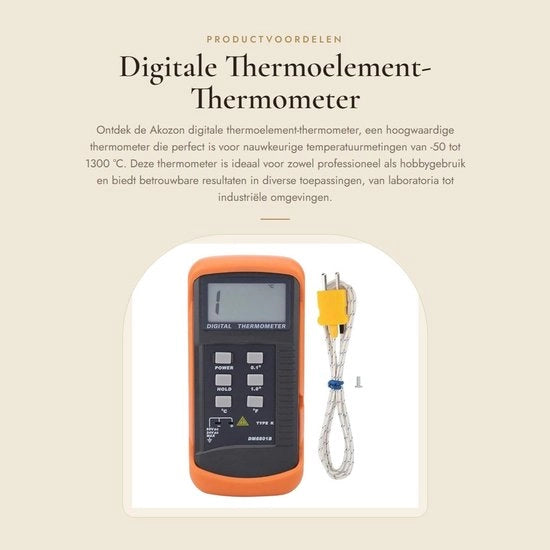 Termometro a Thermocoppia - Sensore Digitale - Raggio di Temperatura -50 a 1300 °C - Precisione ± (0,3 % + 2 °C) - Materiale ABS - Modello DM6801B - Termometro