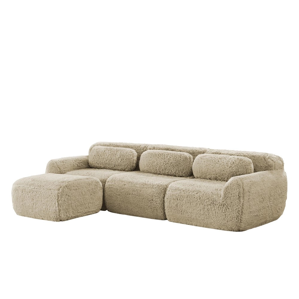 Divano Angolare Modulare ¨C Xylo ¨C Tessuto Morbido, Cuscini, Beige Chiaro