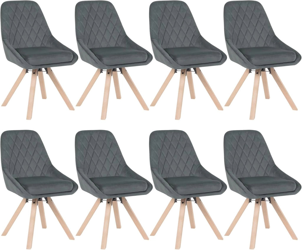 Set 8 Sedie per Sala da Pranzo Girevoli, Sedie da Cucina con Gambe in Faggio, Sedie in Velluto, Seduta Imbottita, per Camera da Letto, Soggiorno, Grigio Scuro, BH359dgr-8