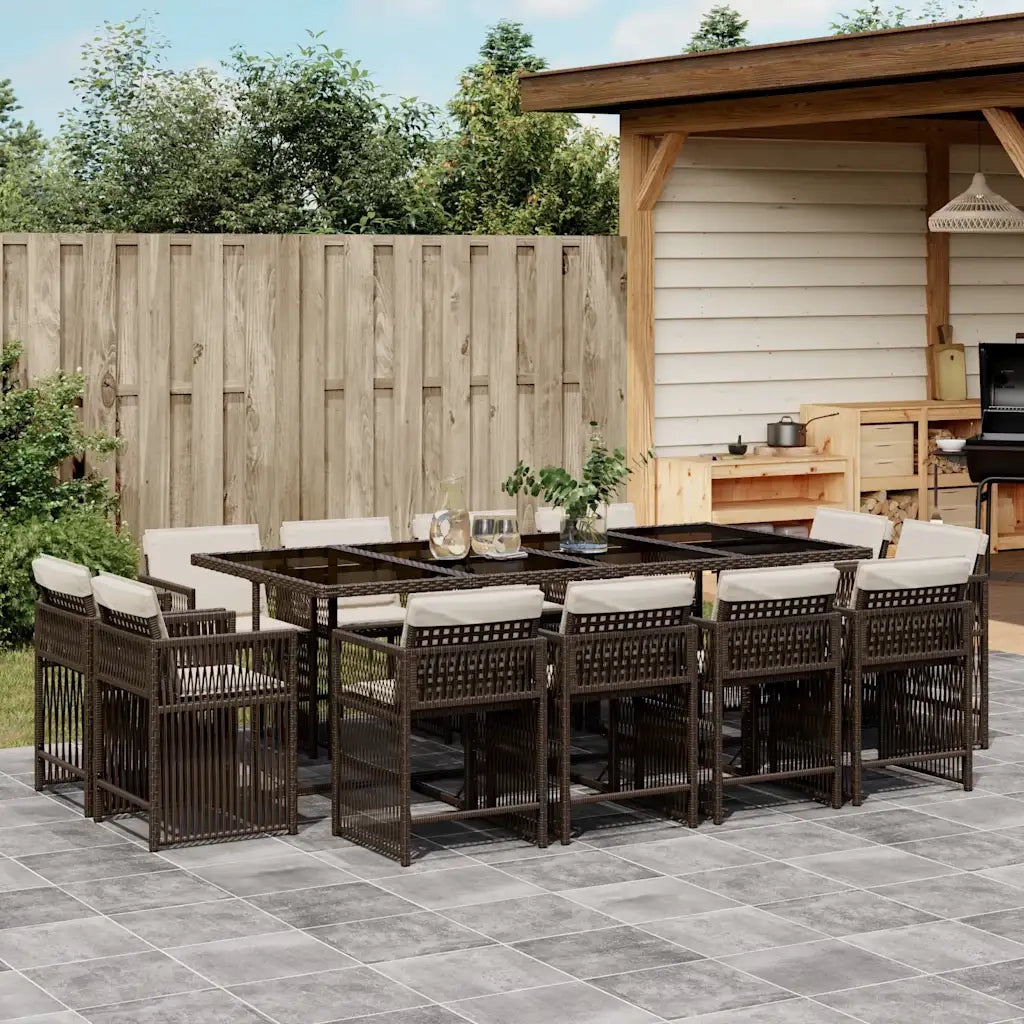 Set da Pranzo da Giardino 13pz con Cuscini Marrone Polyrattan