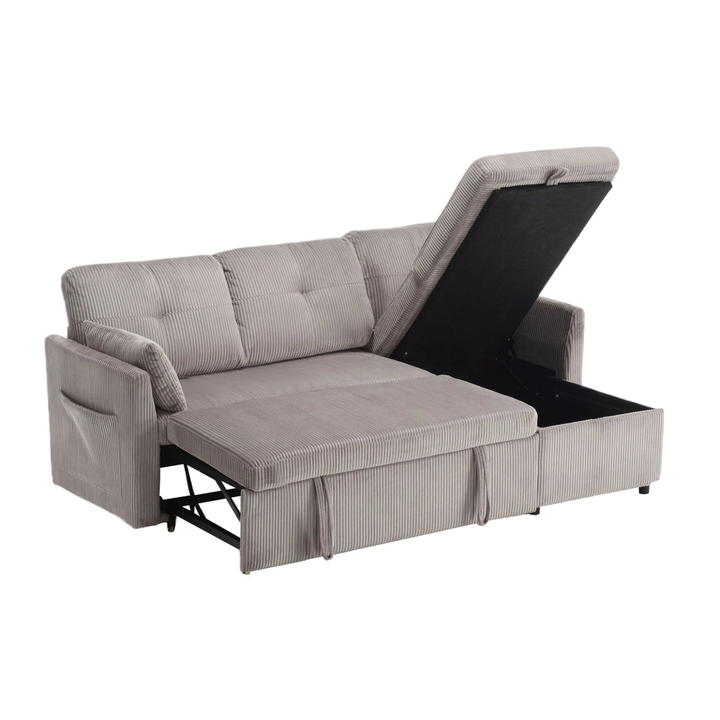 Divano letto angolare con contenitore e letto estraibile; chaise intercambiabile; grigio chiaro in velluto a coste