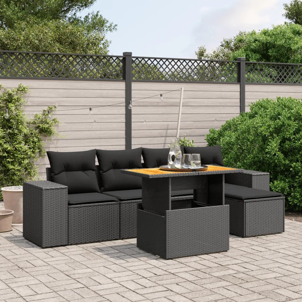 Set Divano da Giardino 6 pz con Cuscini Nero in Polyrattan