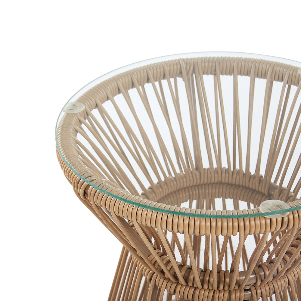Set bistrot marrone finto rattan gambe tornanti in acciaio Nero 2 sedie con cuscini grigi piano tavolo in vetro set da esterno a 2 posti