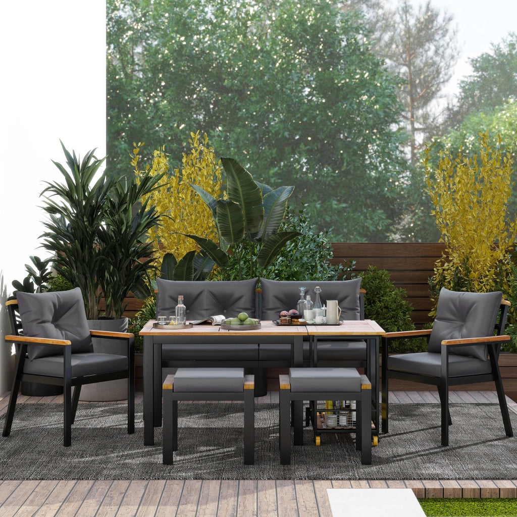Set Tavolo da Pranzo con Sedie in Legno di Acacia ¨C MINIMAL ¨C 6-7 Posti, Carrello Rimovibile