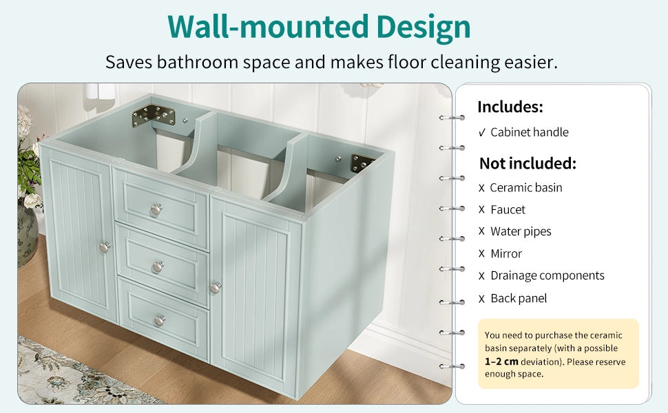 Mobile sottolavabo con 2 cassetti, vano contenitore e installazione a parete, per bagno, verde, 78,5 × 46 × 46,8 cm