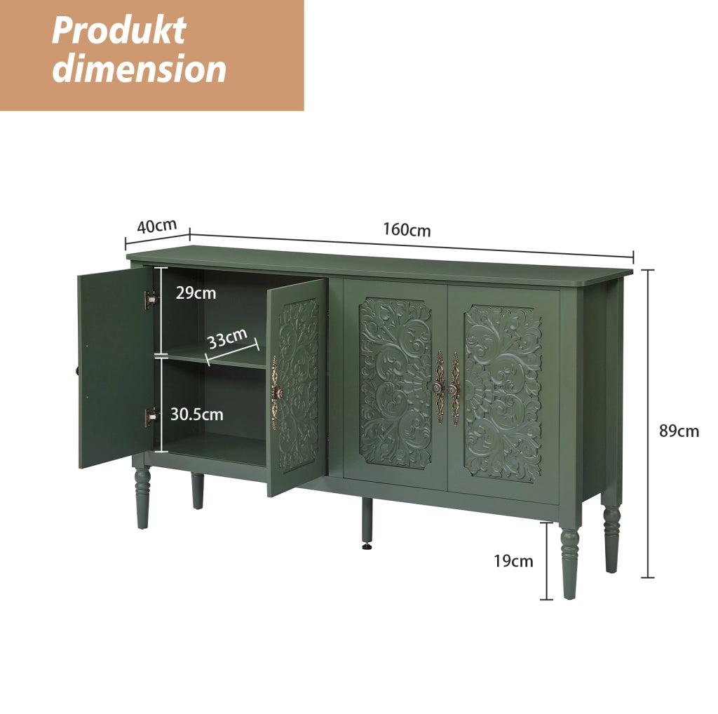 Credenza 160x40x89 cm con decori in rilievo e angoli arrotondati in truciolare; MDF e metallo verde