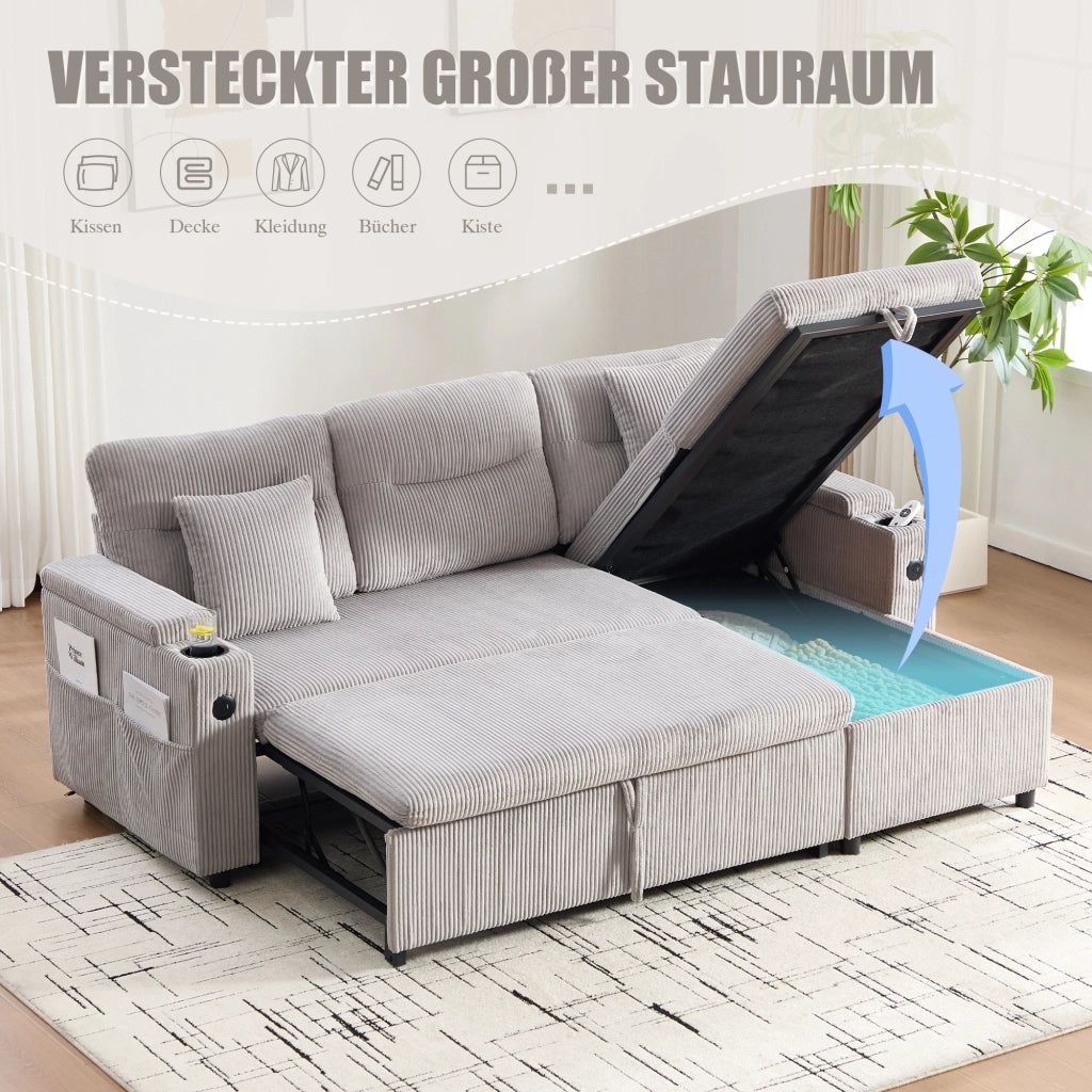 Divano letto a 3 posti con chaise longue idraulica, letto estraibile, USB-C e tessuto a coste grigio chiaro
