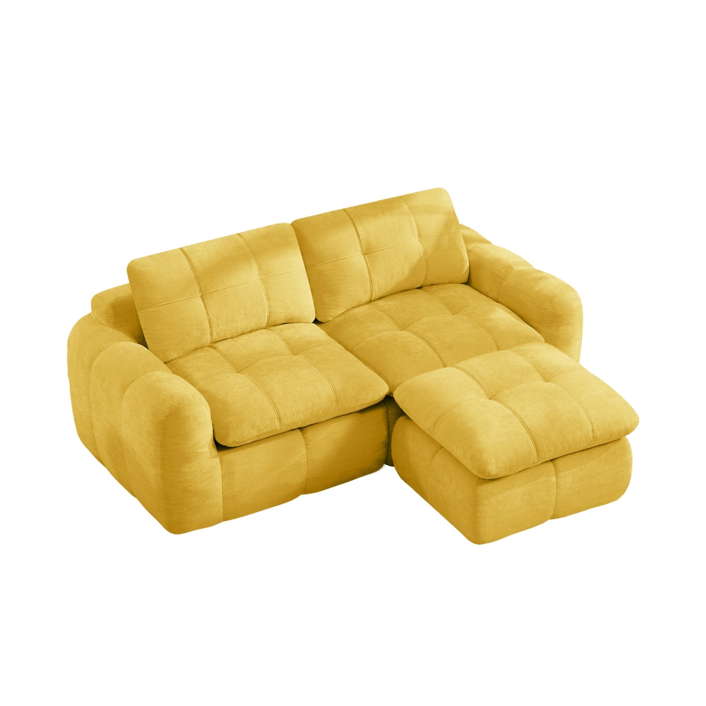Divano modulare angolare 2 posti con pouf e design trapuntato in chenille giallo 194×160×68 cm