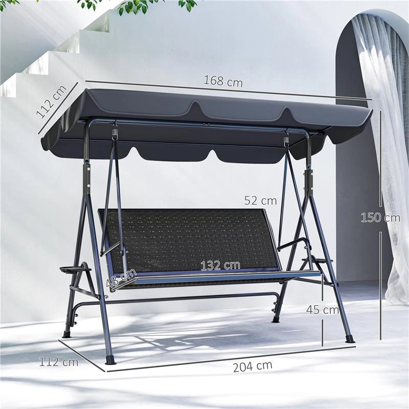 DONDOLO DA GIARDINO 3 POSTI IN RATTAN PE E ACCIAIO CON TETTUCCIO E PORTABICCHIERI, 204X112X150 CM, GRIGIO