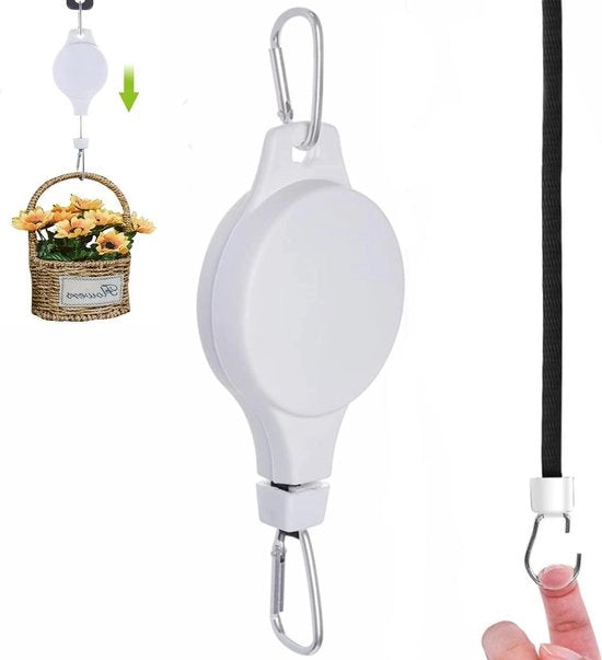 Hanger per piante con fune retrattile, 20-90 cm regolabile, facile accesso alla pianta, gancio per vasi e alimentatori per uccelli, decorazione indoor/outdoor, bianco.
