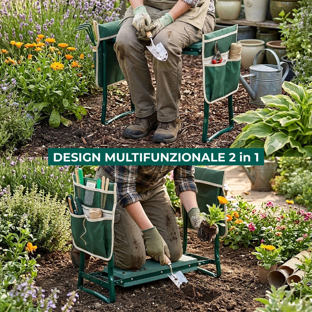Sgabello Inginocchiatoio da Giardino Pieghevole con Tasche Porta Attrezzi, Ginocchiera Seduta Imbottita Multiuso, Struttura in Metallo Robusta, Supporto per Giardinaggio Ergonomic
