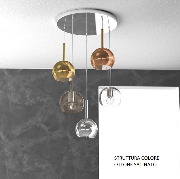 SOSP. OTTONE SAT. TONDA 5 LUCI VETRI TUTTI PICCOLO TRASPARENTE AMBRA CROMO ORO RAME 1155OS-S5 TP-MC