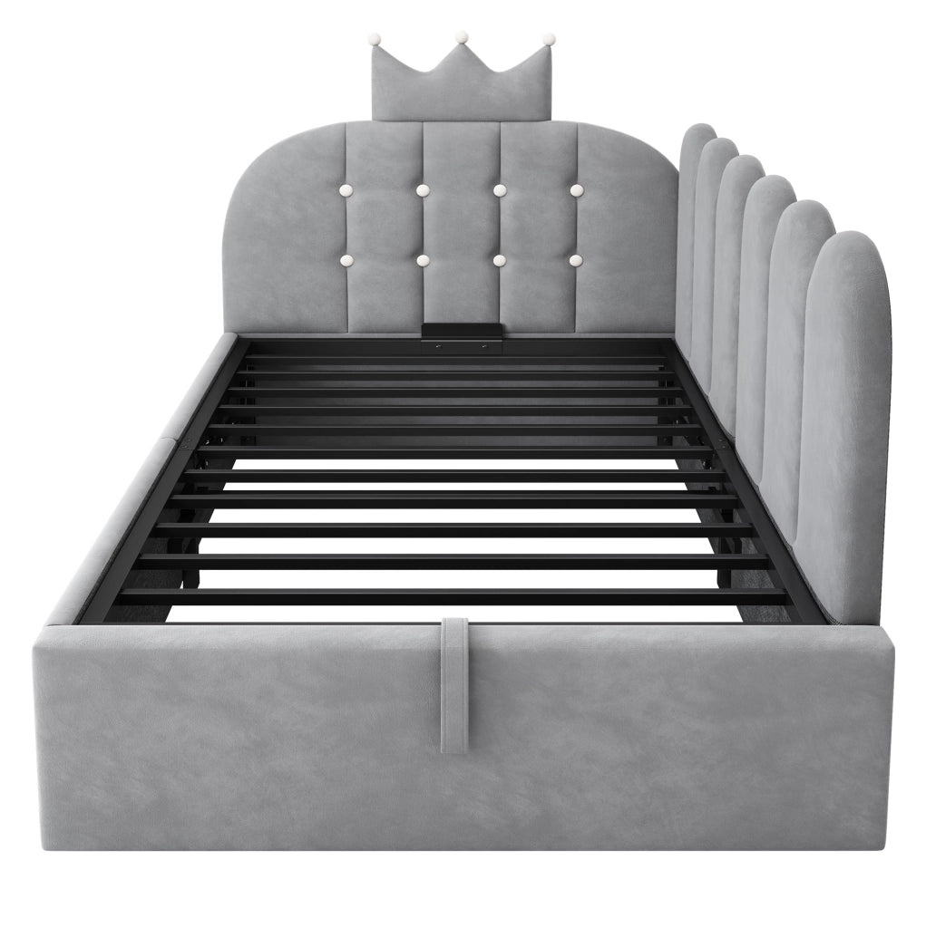 Letto daybed 90x190 cm in velluto grigio con vano contenitore idraulico