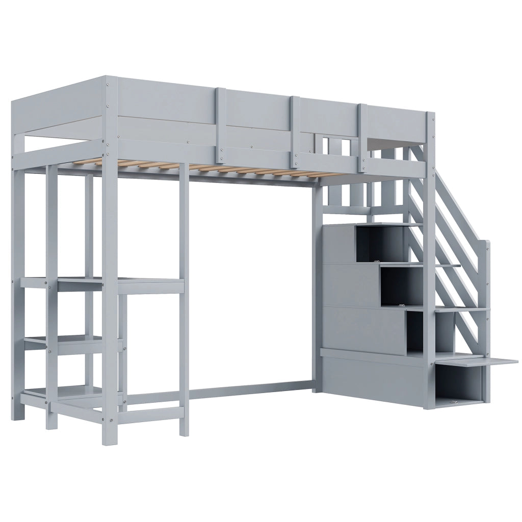 OKWISH Letto a Soppalco 90×200 cm, Letto Singolo con Scala Contenitore, Mensola integrata e Sponde, senza Materasso, Grigio