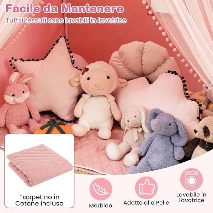 Tenda da Gioco per Bambini, Tenda Castello per 3-4 Bambini con Tende in Tessuto e Rete Luci a Stella e Finestre, Materassino in Cotone, per Bambini 3 Anni+, 146x96x133 cm (Rosa)