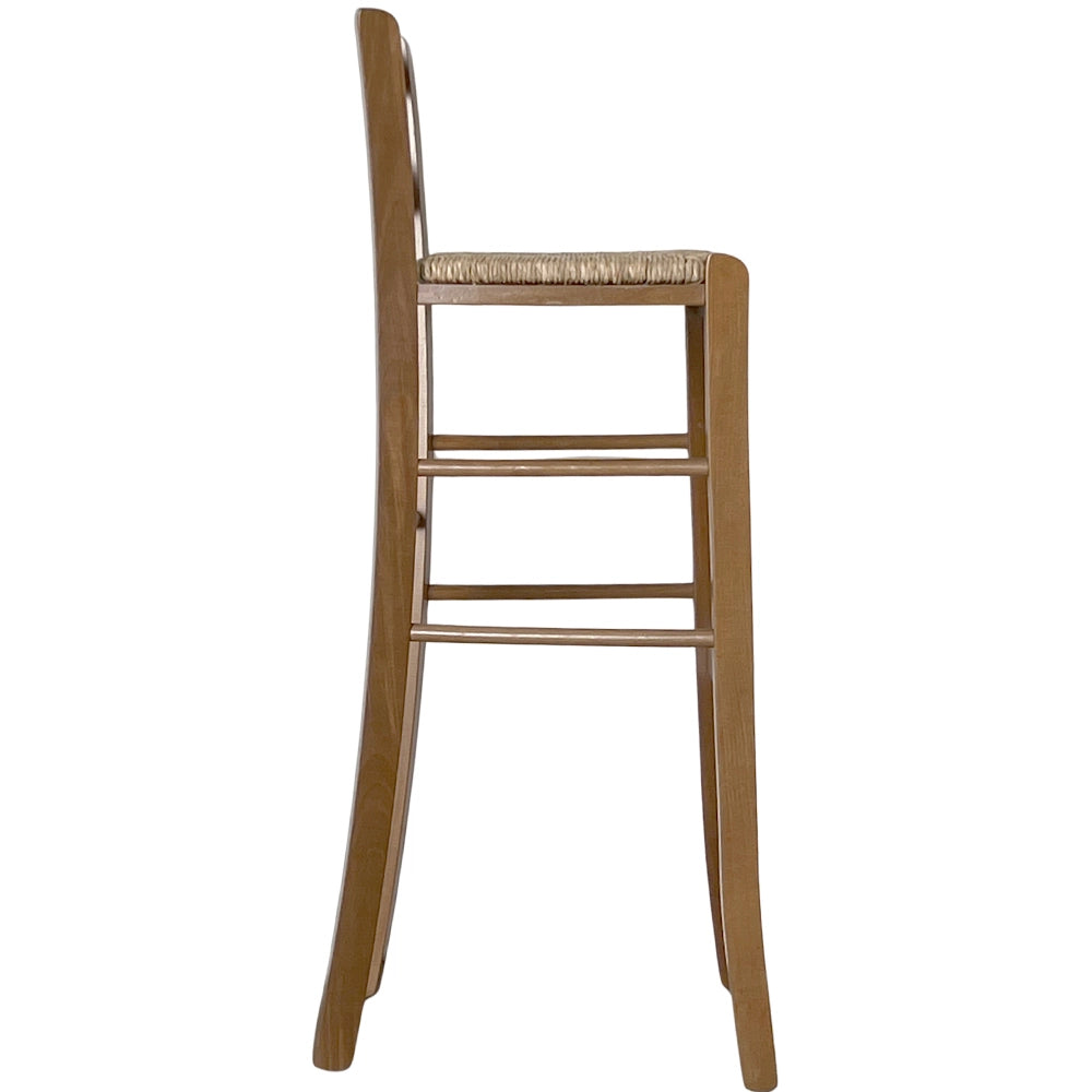 Sgabello in legno H 80 cm noce chiaro con schienale e seduta in paglia