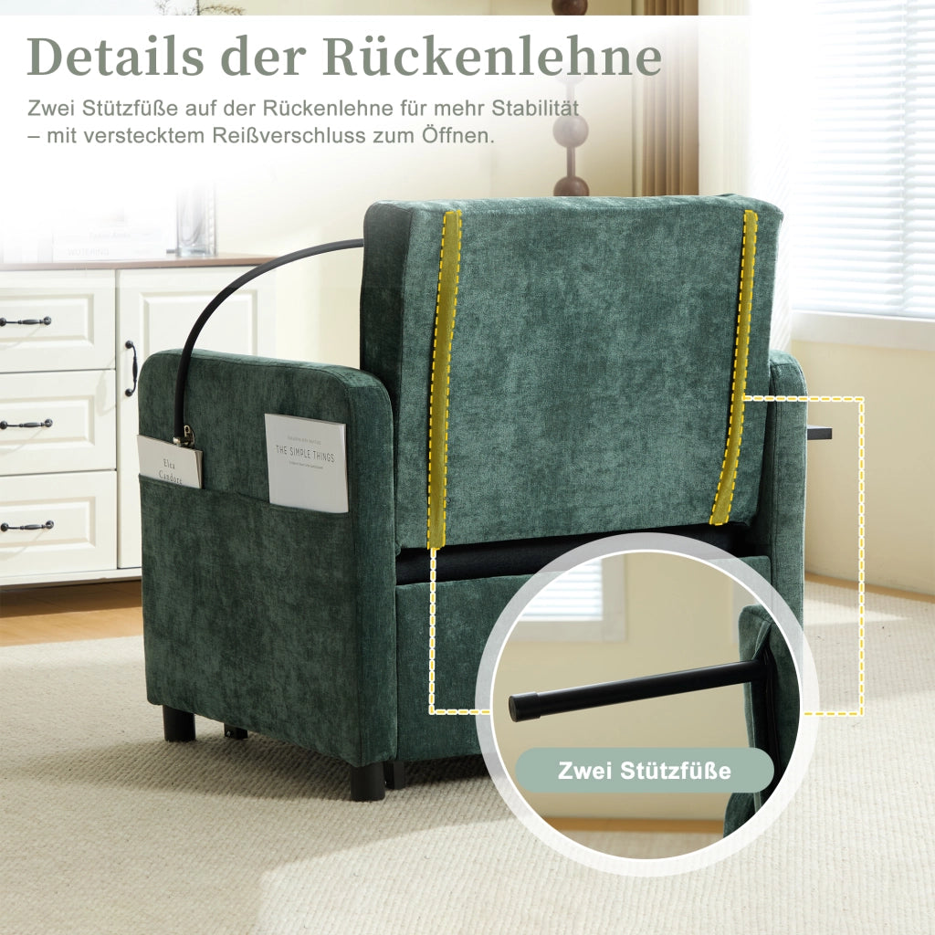 Poltrona letto convertibile extra lunga con schienale regolabile, tasche laterali e vassoio laterale in ciniglia verde