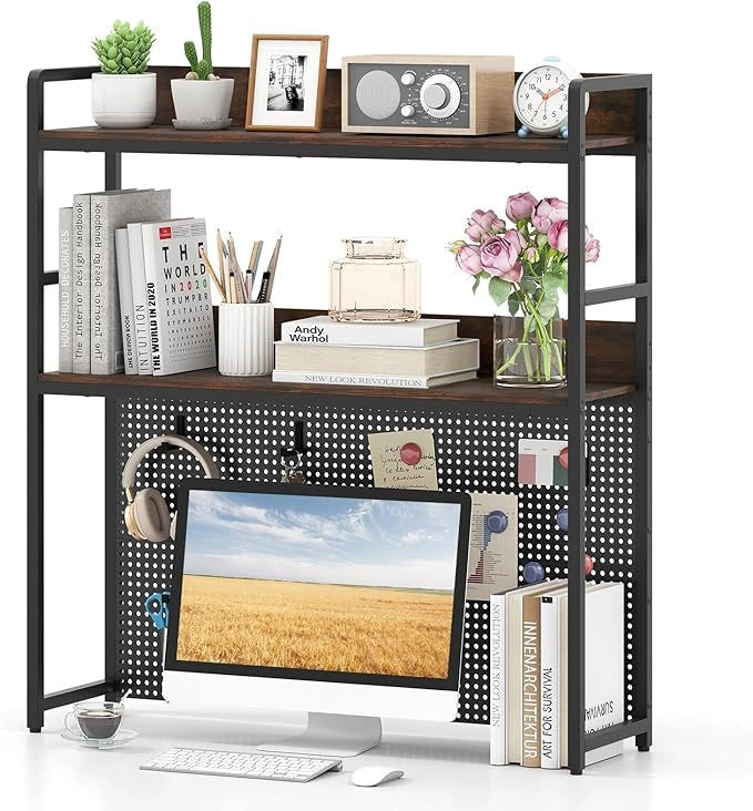 Libreria da Scrivania a 2 Livelli, Scaffale da Tavolo Industriale per Monitor di Computer Fino a 32", Organizzatore di Stoccaggio con Pegboard, per Dormitorio Ufficio e Casa, 94x27x103 cm