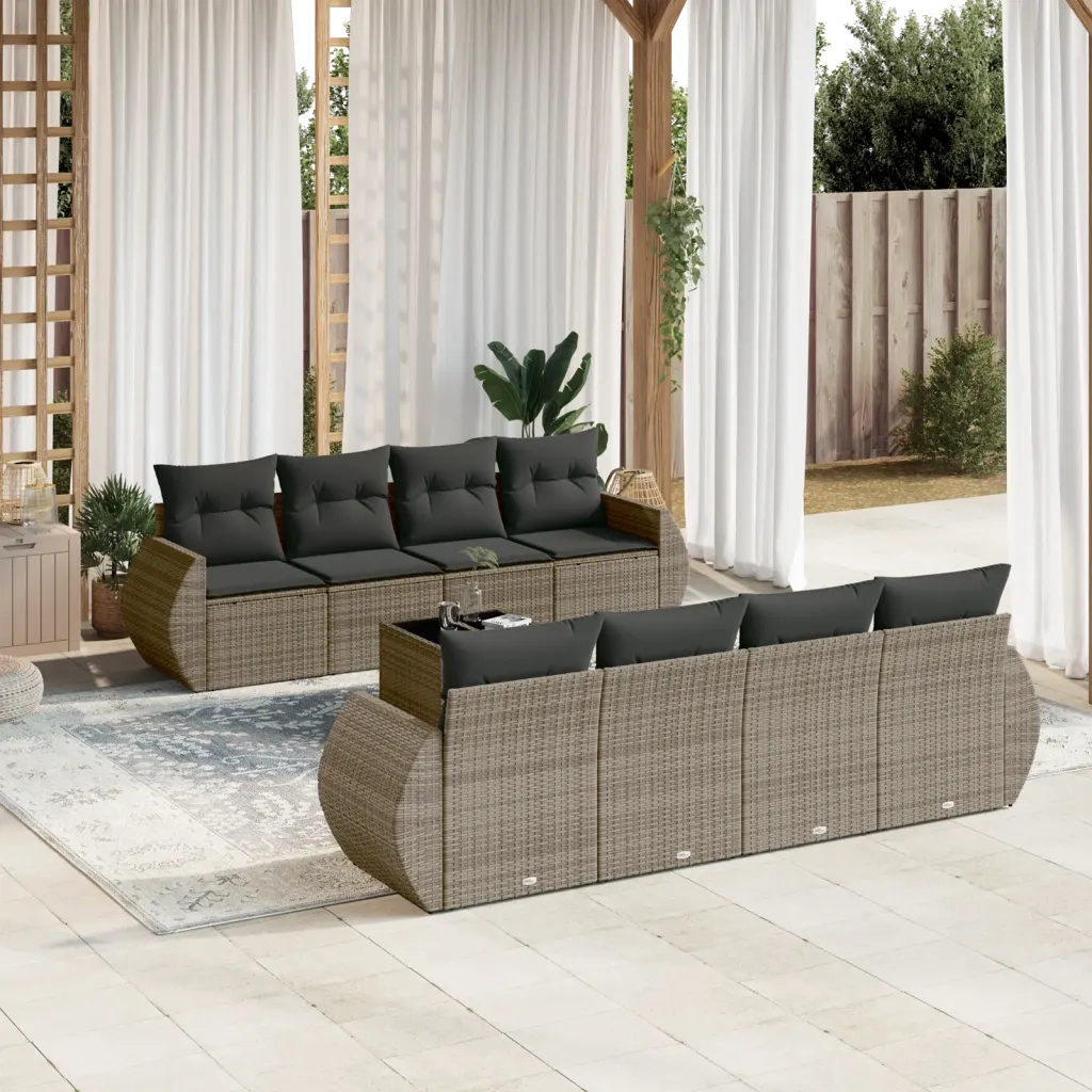 Set Divano da Giardino 9 pz con Cuscini Grigio in Polyrattan