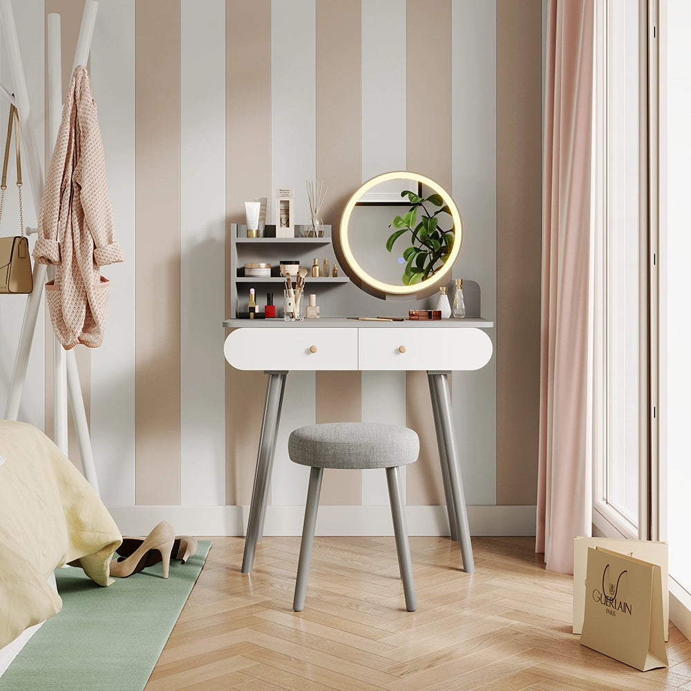 Vicco Tavolo da toeletta Grigio 80 cm con illuminazione a LED e sgabello