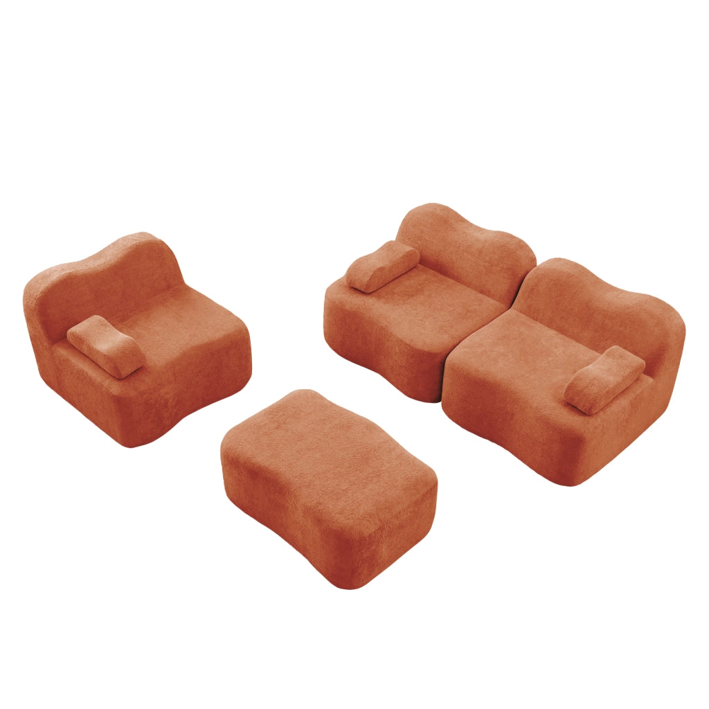 Divano Angolare Modulare 3 Posti con Ottoman ¨C MINIMAL ¨C Tessuto Arancione, Cuscini, Braccioli