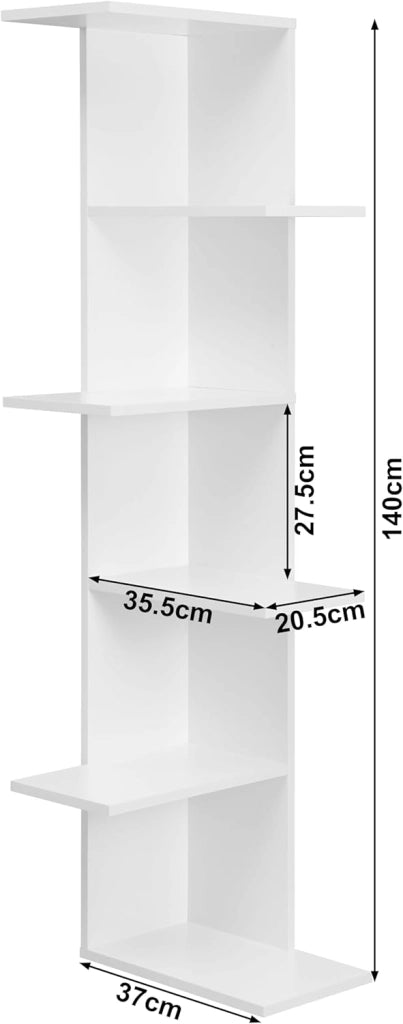 Libreria ad Angolo, Scaffale Bianco a 6 Ripiani Aperti e Sfalsati, Scaffale Portaoggetti per Soggiorno, Camera da Letto, Ingresso, 37x37x140cm