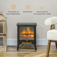 Caminetto Elettrico da 1800W con Effetto Fiamma a 3 Intensità, in Metallo e Vetro, 36x21x47 cm, Nero