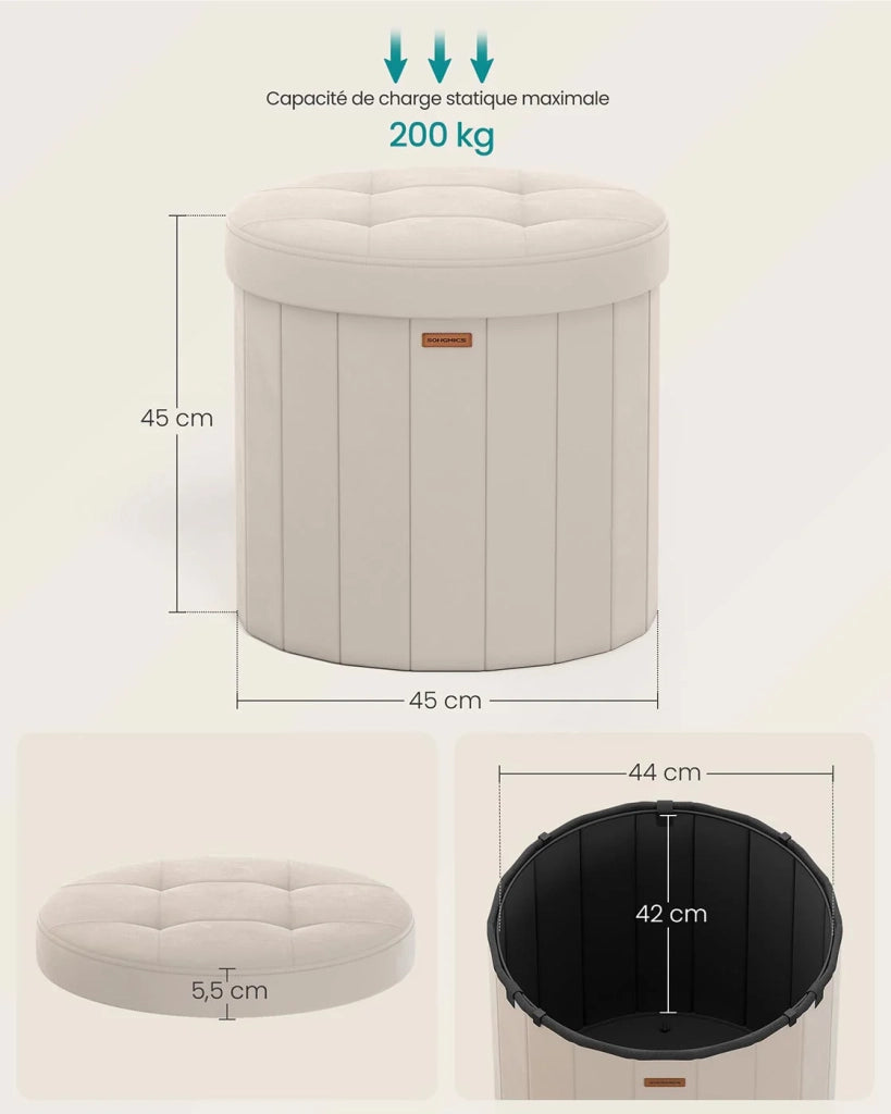 Sgabello/poggiapiedi rotondo con coperchio rimovibile 46 x 45 cm pieghevole facile da montare tessuto felpato per camera da letto soggiorno corridoio beige 12_0006351