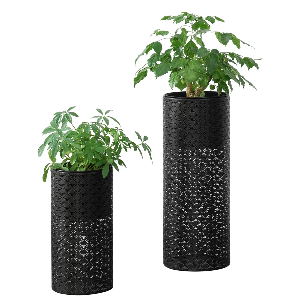 Set di 2 Portavasi in Metallo a Forma di Cilindro Supporto per Piante  con Coprivaso in 2 Misure e Altezze Diverse - Nero
