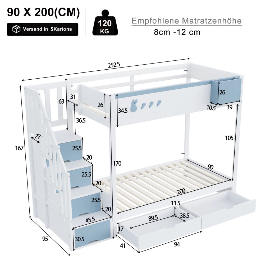 Lettino a castello 90x200 cm in legno; bianco e blu; con cassetti e scaletta contenitore