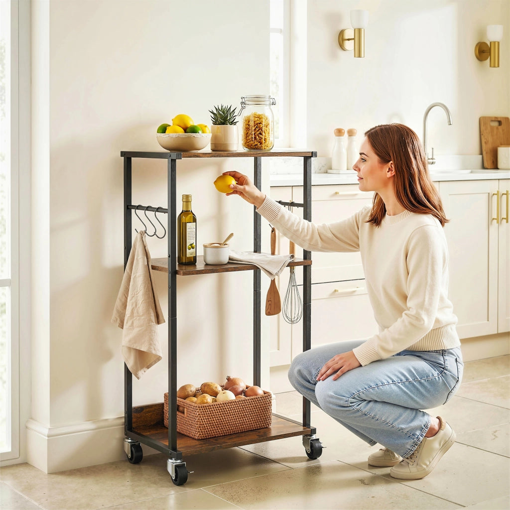 Mobile Supporto per Stampante a 3 livelli 43x30x82 cm con Ruote e Ganci in Legno e Metallo Marrone Rustico.