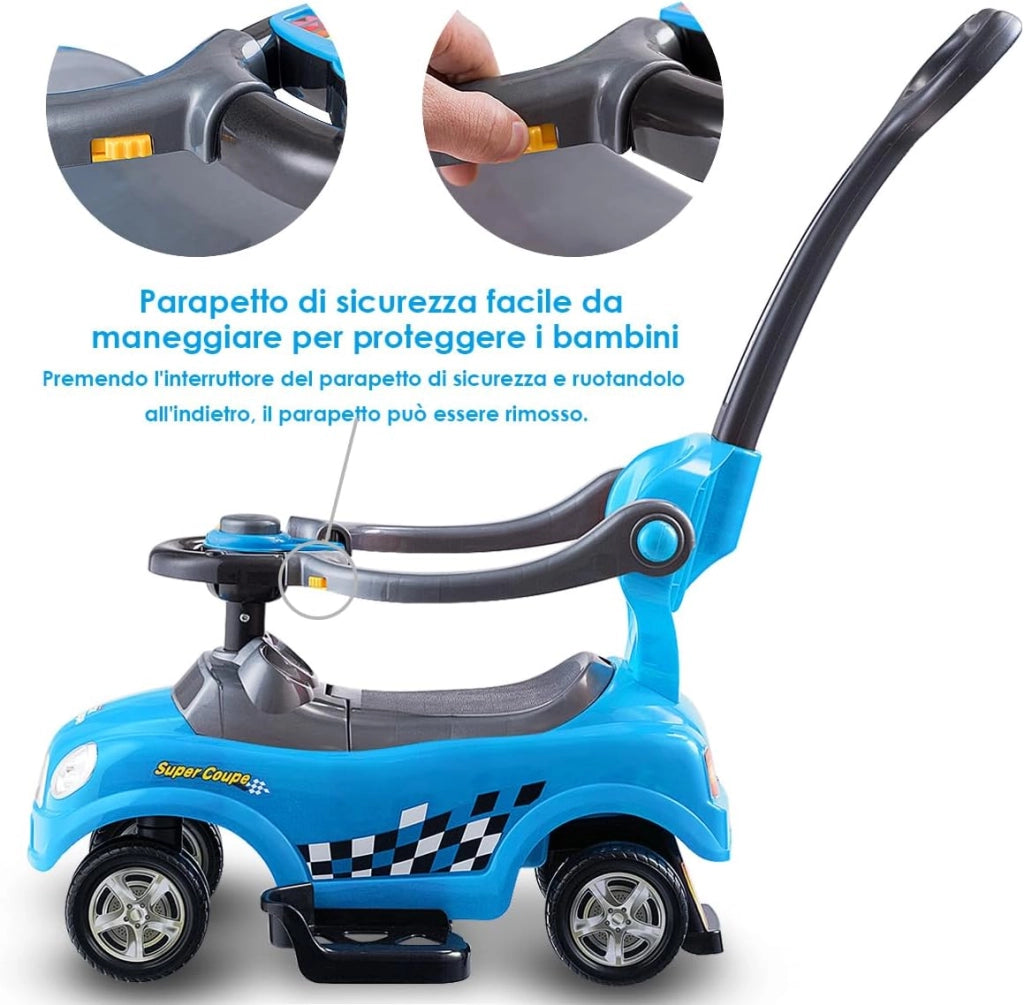 3 in 1 Macchina Cavalcabile a Spinta per Bambini, con Guardrail Staccabili e Maniglia Clacson, Spazio di Archiviazione Nascosto e Design Anti-ribaltamento, Ideale per Bambini 2-6 Anni (Blu)