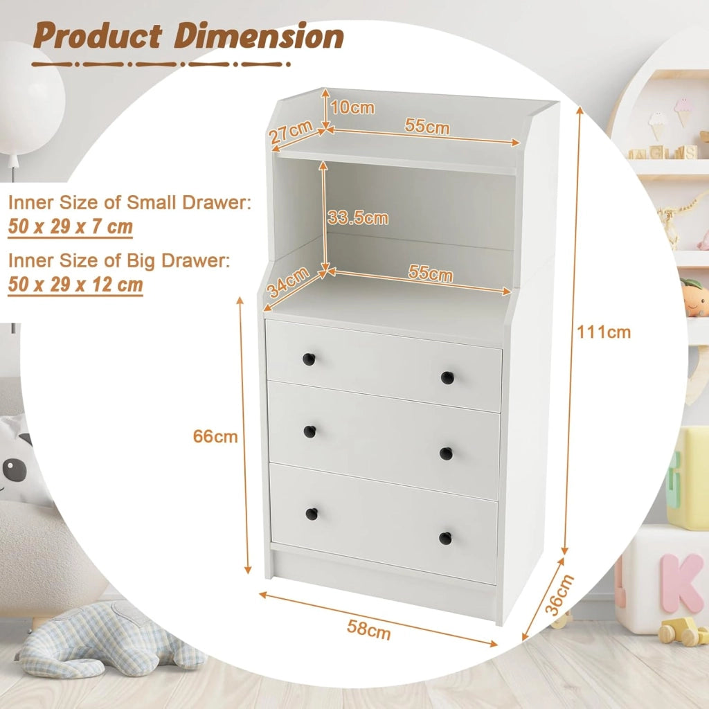 Cassettiera Moderna con 2 Ripiani Aperti e 3 Cassetti Estraibili, Comodino Alto con Dispositivo Anti-ribaltamento per Camera da Letto Soggiorno Ingresso, 58 x 36 x 111 cm, Bianco/Nero/Noce