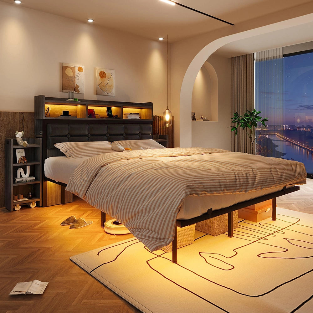 Letto matrimoniale - Xylo - 140x190 cm - Grigio - Testiera, comodini scorrevoli, ricarica USB/LED
