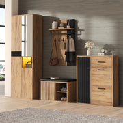 Set mobili da ingresso con armadio, scarpiera, panca scarpiera e appendiabiti in pannello truciolare nero e naturale