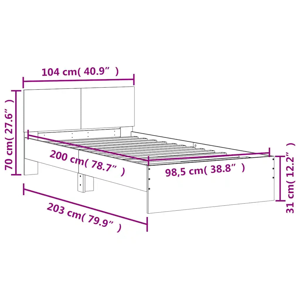 Letto singolo | Letto per adulti | Giroletto con Testiera Rovere Fumo 100x200 cm Legno Multistrato