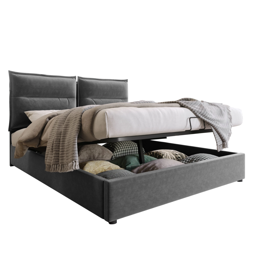 Letto matrimoniale contenitore 140x200 cm con testiera regolabile; velluto grigio