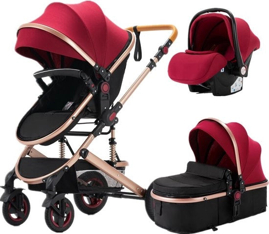 Carrello 3-in-1 per Bambini - Carrello da Camminata - Sedile per Auto - Carriolo - Riportabile - Rosso/Nero - 0-36 Mesi