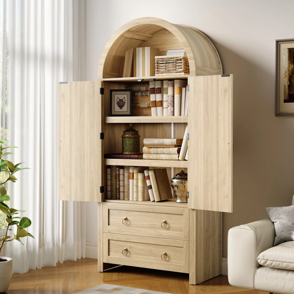 Credenza con 2 Cassetti; Ante in Rattan e Ganci Laterali; Stile Vintage; in MDF; Rovere; 80??40??180 cm